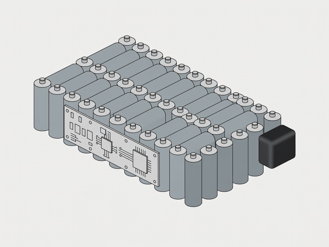 Flat vector battery module showing rows of cylindrical lithium-ion cells, battery management board and sealed connector