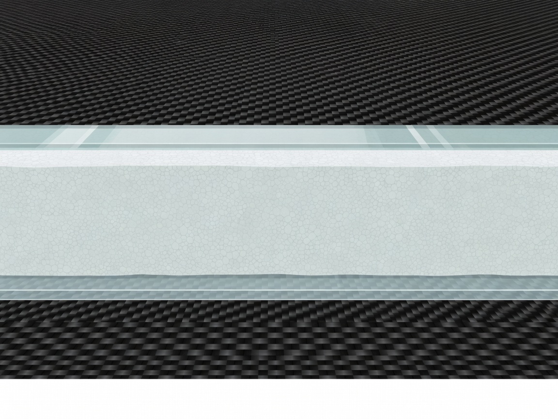 Flat vector cross-section of a composite board wall: carbon fibre skin, epoxy, closed-cell foam core and inner glass layer