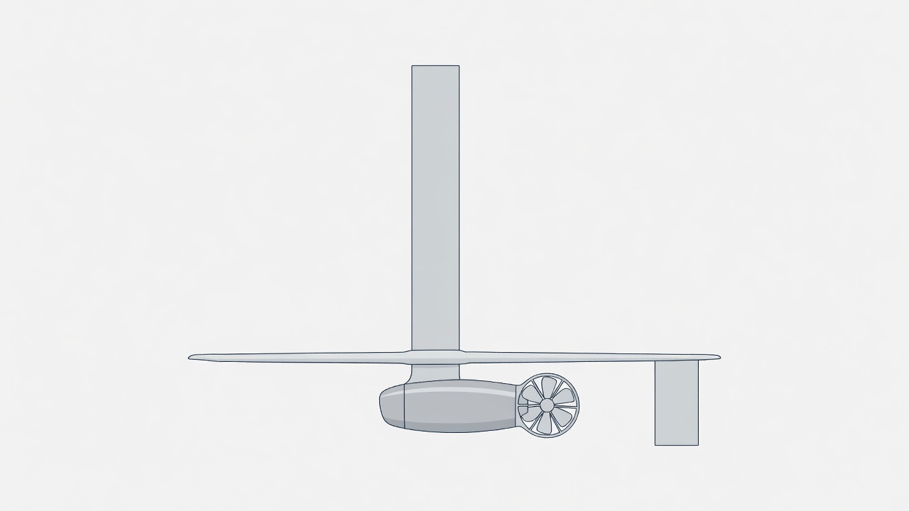 Flat vector diagram of an eFoil mast with motor pod, guarded propeller and front and rear hydrofoil wings