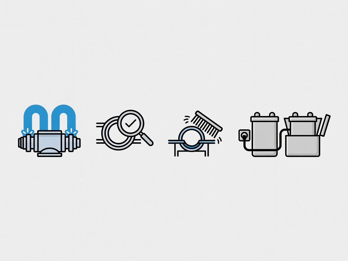 Flat vector maintenance sequence icons: fresh-water rinse, intake inspection, seal cleaning, charging and dry storage