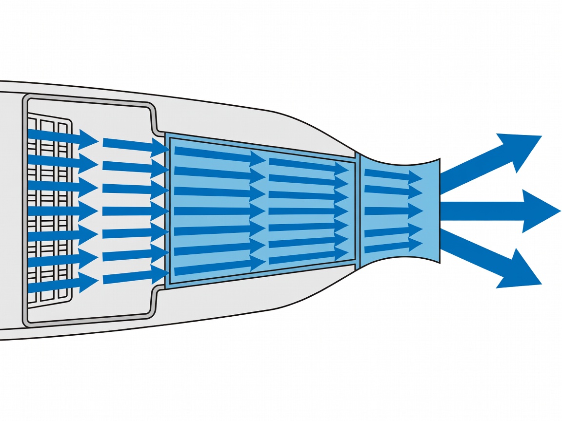 Flat vector water-flow diagram of a jetboard intake, impeller duct and outlet nozzle with arrows showing acceleration